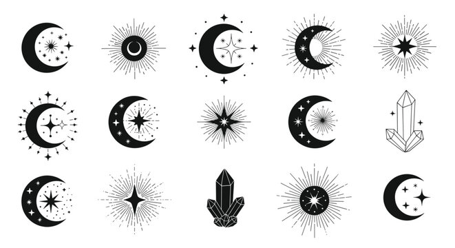 A captivating collection of black and white celestial icons featuring crescent moons stars and crystals perfect for mystical designs.
