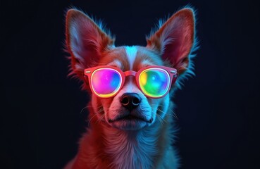 Small dog wears bright red eyeglasses. Its face reflects colorful neon lights against dark backdrop. Adorable pet looks directly at viewer, radiating trendy vibe with its cool eyewear.