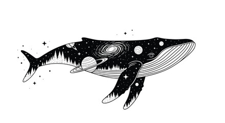 Fototapeta premium Mystical black and white illustration of a celestial whale with a galaxy planets and a forest silhouette inside its body design.