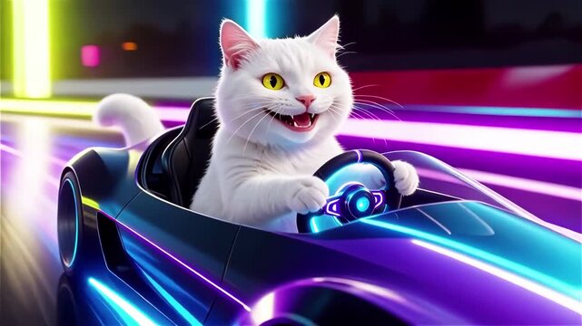 White cat with predatory grin rides glowing neon racing car around track. Portrait of playful cat, fueled by adrenaline and thirst for victory.