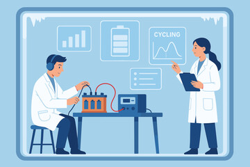 Scientists testing battery performance in a laboratory setting with data analysis and monitoring tools