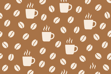 Obraz premium Coffee cups and beans pattern on brown background suitable for textiles and wrapping paper design