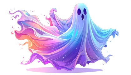 Cartoon spectral being with multi-hued flowing form, floating on white