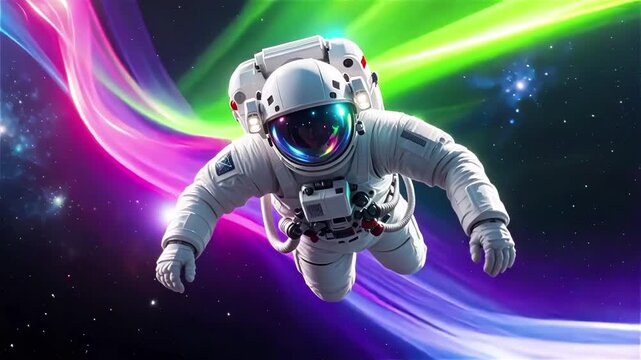 Astronaut in suit with oxygen tanks levitates in space. Space explorer in brightly colored neon lines in outer space.