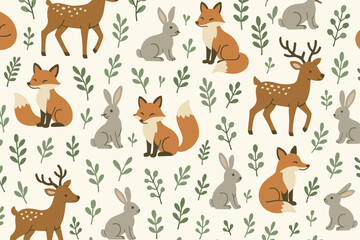 Obraz premium Cute forest animals illustration featuring deer, rabbits, and foxes in a whimsical design on a neutral background