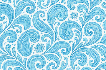Intricate blue paisley pattern design on a white background showcasing detailed floral elements and swirling motifs
