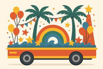 Colorful festive parade float with palm trees and rainbow in a cheerful celebration