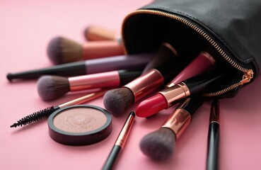 Various cosmetic items spill from a black bag onto a pink surface. Includes makeup brushes, lipstick, and powder. A beauty shopping concept.