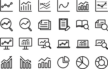 データ分析・調査のシンプルな黒の線画アイコンセット