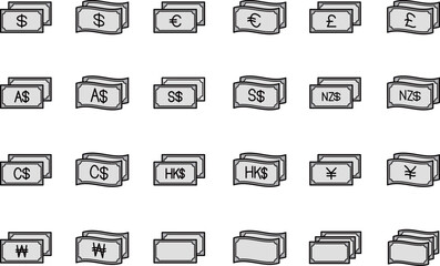 世界通貨の紙幣のシンプルな黒い線画のグレーのアイコンセット