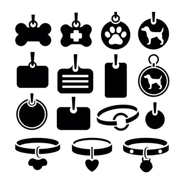 Collection of silhouette dog and cat pet tags and collars