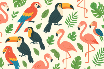 Colorful tropical birds among green leaves in a vibrant and lively pattern suitable for wallpapers or fabric designs