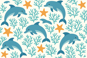 Naklejka premium Dolphins swimming among coral and starfish in a playful underwater scene featuring vibrant colors