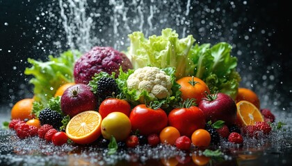 Composition of vibrant fruits and vegetables in studio. Fresh produce with water splash. Ripe tomatoes apples oranges cauliflower lettuce and berries. Healthy diet concept food art.