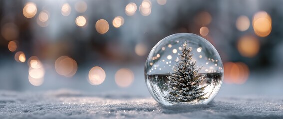 Festive winter scene: christmas tree in a glass sphere, bokeh