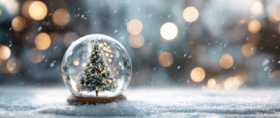 Snow globe with christmas tree, bokeh lights and falling snow