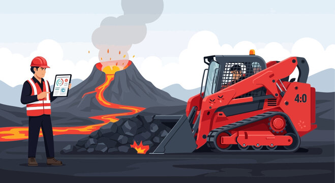 Volcanic excavation site with engineer using a tablet and a skid steer loader