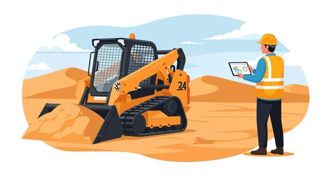 Illustrated construction worker inspecting site operations with skid steer loader