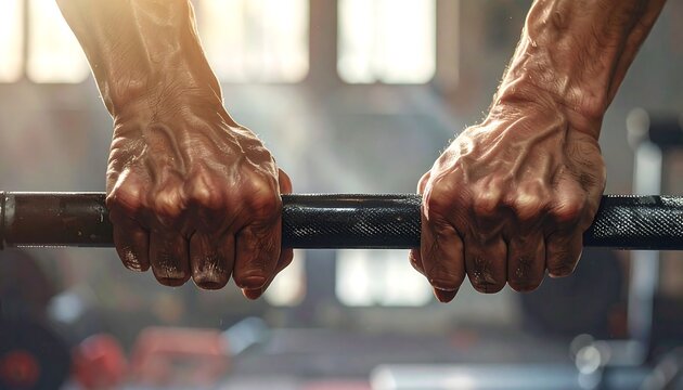 Close-up of muscular, veined hands gripping a barbell in a dimly lit gym, sunlight streaming through windows in the background