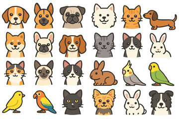 Various cartoon dog and cat faces celebrating the joy of pets in a colorful arrangement at an illustrated pet-themed event