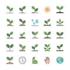 Collection of plant growth icons with sun water drops clock and earth