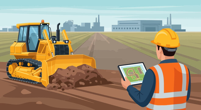 Construction engineer overseeing earthmoving operations with heavy machinery