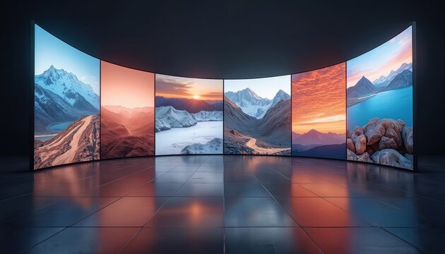 Large curved display panoramic mountain landscapes. Multiple screens create immersive virtual travel experience. Digital panorama presents diverse scenic views, evoking adventure, exploration.
