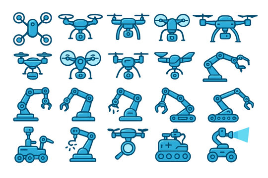 Various blue robotic devices and drones designed for different activities and tasks in modern technology