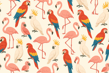 Colorful tropical birds in a vivid pattern showcasing various species and vibrant hues