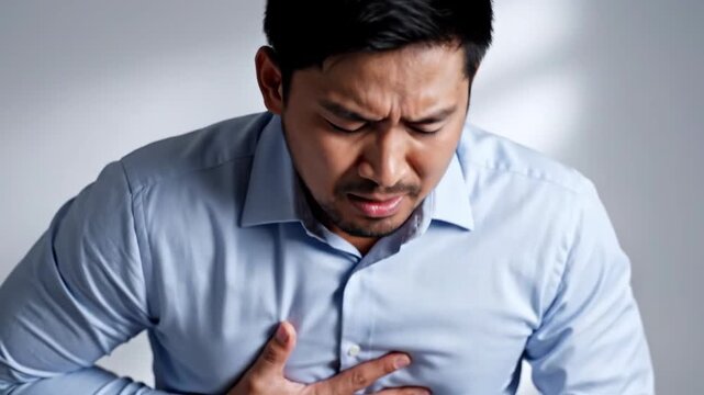 Man Experiencing Severe Chest Pain Portrayed in a Series of Facial Expressions and Actions