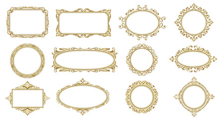 Obraz premium A beautiful collection of ornate golden vintage frames in various shapes for elegant and classic design presentations.