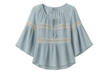 Obraz premium Light blue peasant blouse with lace detail and bell sleeves, women's fashion top cut out on transparent background