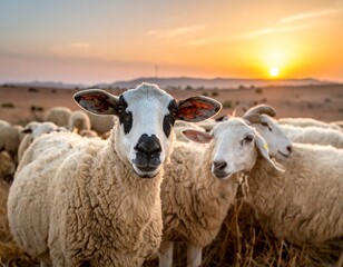 Fototapeta premium Close-up of sheep, one with unique markings, amidst a flock, illuminated by a warm sunset over a dry landscape