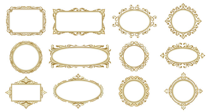 A beautiful collection of ornate golden vintage frames in various shapes for elegant and classic design presentations.