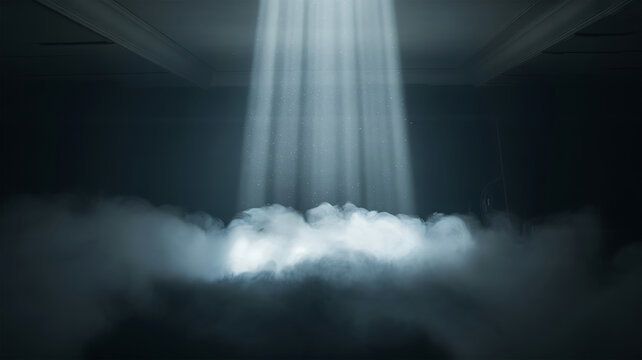 Beam of bright light shining down from above illuminating smoke and mist on a dark background - Powered by Adobe