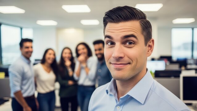 Confident young male in office with smiling colleagues in background - Powered by Adobe