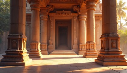 Obraz premium Ancient Indian temple entrance with tall stone pillars. Sunlight illuminates intricate carvings on building facade. Warm light creates long shadows on paved ground. Palm trees stand in distance,