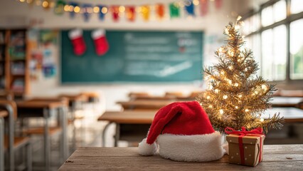Bright festive classroom scene with a small Christmas tree, gift box and red Santa hat
