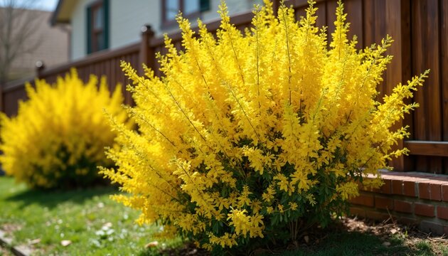 Bright yellow forsythia bushes bloom in garden near house. Golden bell flowering shrubs decorate yard. Springtime nature scenery with green grass. Beautiful spring flower plants near wooden fence.