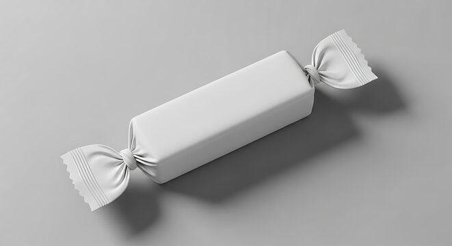 A single, unwrapped white candy with twisted ends, presented on a plain grey background, highlighting its simple and elegant form