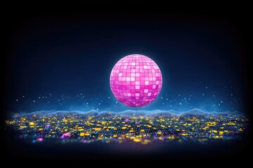 Pink Disco Ball Floating Above City Lights