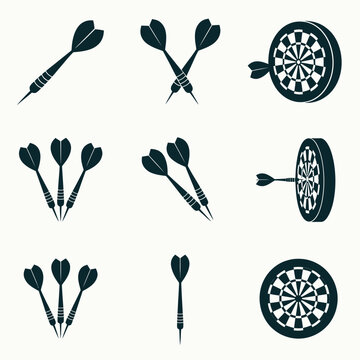 Collection of darts and dartboards in various poses and arrangements