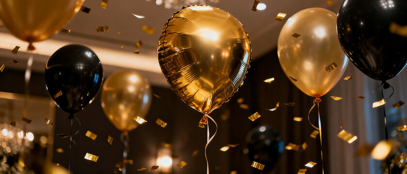 New Year Party Gold Confetti Balloons Luxury celebration backdrop with warm bokeh light and copy space