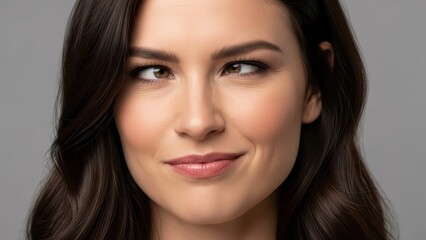 Obraz premium Young female with long dark hair showing confident expression