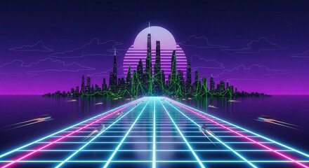 Neon grid path leads toward a futuristic city skyline under a stylized setting sun