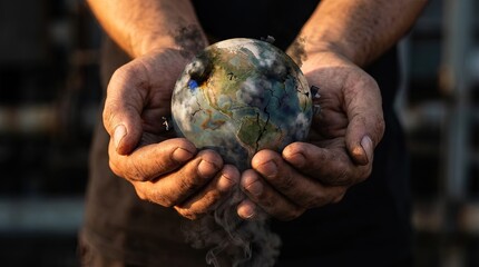 A person cradles the Earth in their hands, highlighting the fragile state of our planet, offering a message of environmental awareness and the importance of ecological conservation.