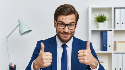 Confident young adult male in suit showing thumbs up with positive emotion