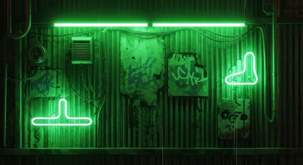 Fluorescent green neon lighting illuminates a grimy, corrugated metal wall adorned with abstract shapes and rough markings.
