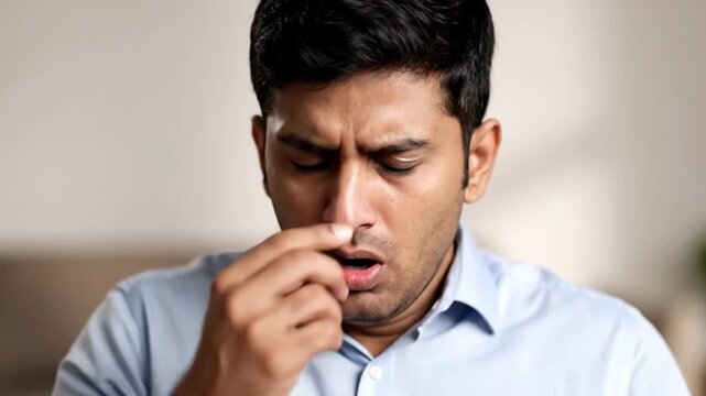 Man Reacts to Unpleasant Odor, Displaying Expressions of Disgust, Shock and Revulsion