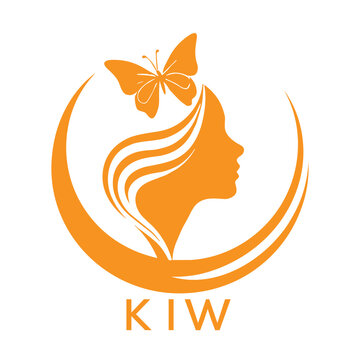 KIW Elegant Woman Beauty Logo with Butterfly. KIW Feminine Hair Salon Branding. KIW  Modern Beauty Icon.
